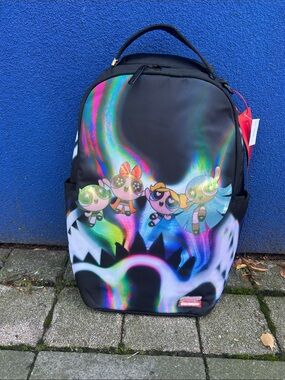 Sprayground Black Backpack with Holographic Rainbow Accents